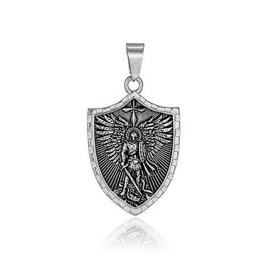 Saint Michael Archangel Stainless Steel Pendant Men's Necklace - Warrior Angel with Sword and Shield