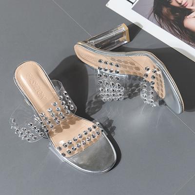 Große Größe High-Heel-Sandalen 2025 Sommer Außenhandel neue Kristall-Strass transparente Ein-Wort-Sandalen Damen Diamanten