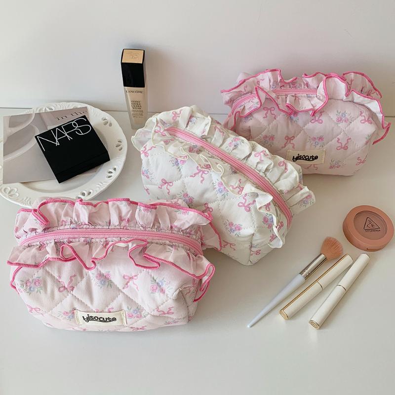 Cute Bow Flower Quilting Cotton Makeup Bag Women Zipper Cosmetic Organizer Female Cloth Handbag Portable Toiletry Case For Girls