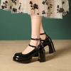 French Burgundy Mary Jane Shoes Women's Round Toe Chunky Heel Single Shoes High Heel Platform Sandals Patent Leather Size35 40