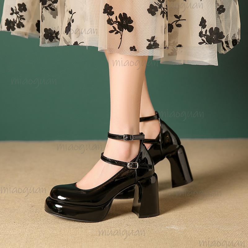Fashion French Burgundy Mary Jane Shoes Women's Round Toe Chunky Heel Single Shoes High Heel Platform Sandals Patent Leather Size35 40