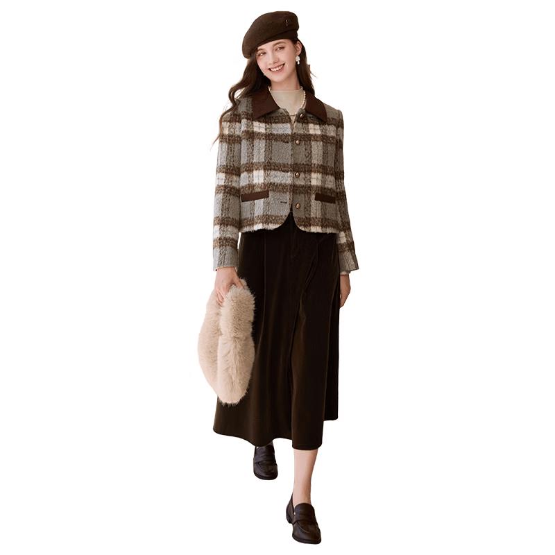 Xiangying Women s Retro Plaid Wool Blend Short Jacket XL