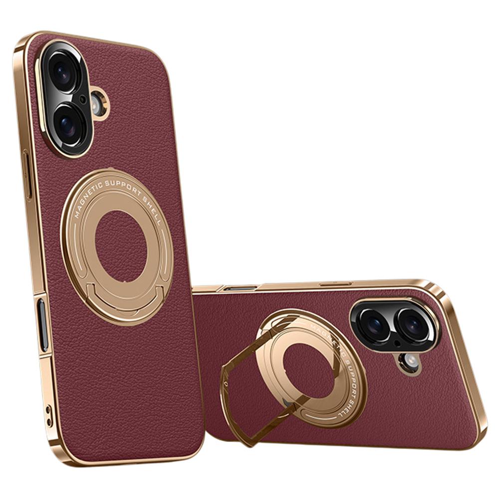 For iPhone 16 Case Compatible with MagSafe Leather TPU Back Cover with Hidden Kickstand