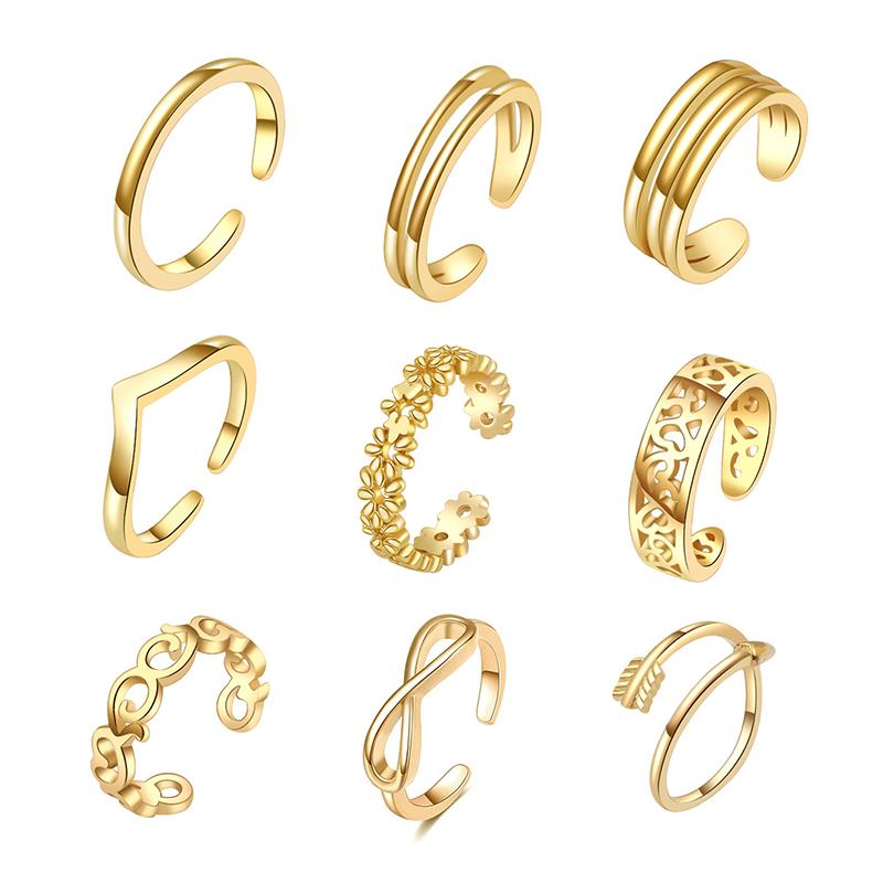 Adjustable 18K Gold Toe Rings For Women Beach Open Toe Rings Flower Arrow Tail Pinky Band Rings Barefoot Foot Jewelry
