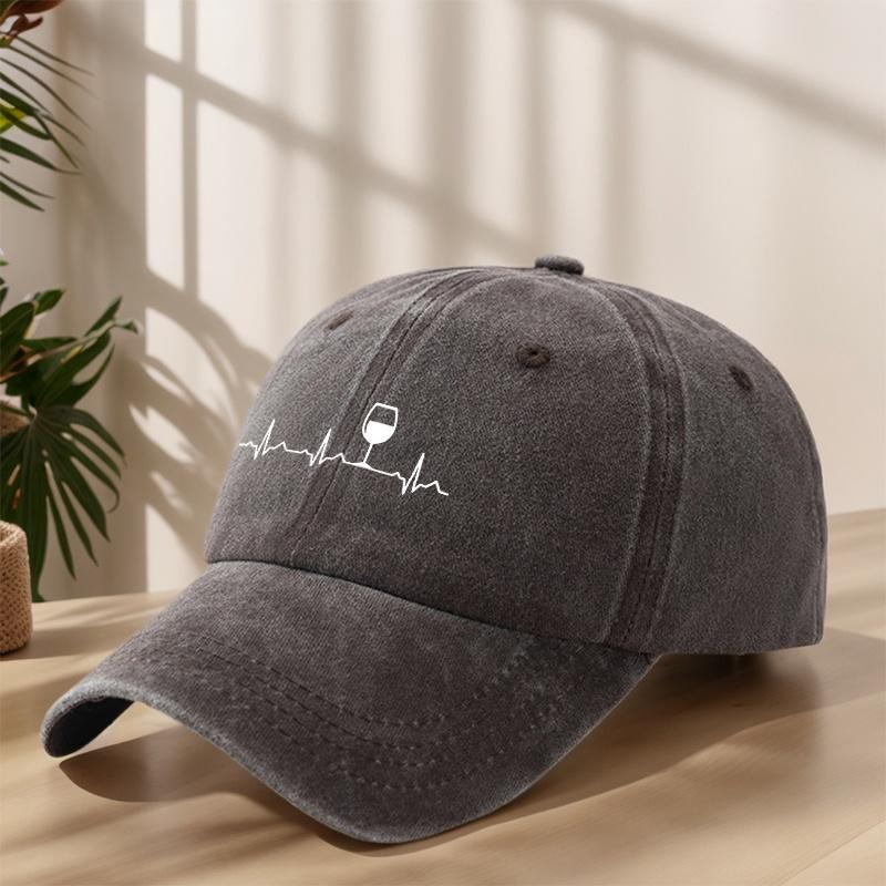 Heartbeat Red Wine Glass Printed Baseball Cap Classic Washed Retro Hat Lightweight Soft Sweat-Absorbent Peaked Cap
