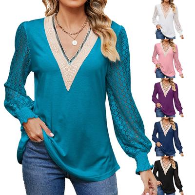 Elegantes und klassisches, vielseitiges und bequemes Herbst- und Winter-Damen-T-Shirt mit V-Ausschnitt, Spitze, Spleißen, Hohlsaum, langärmeliges, lockeres Oberteil