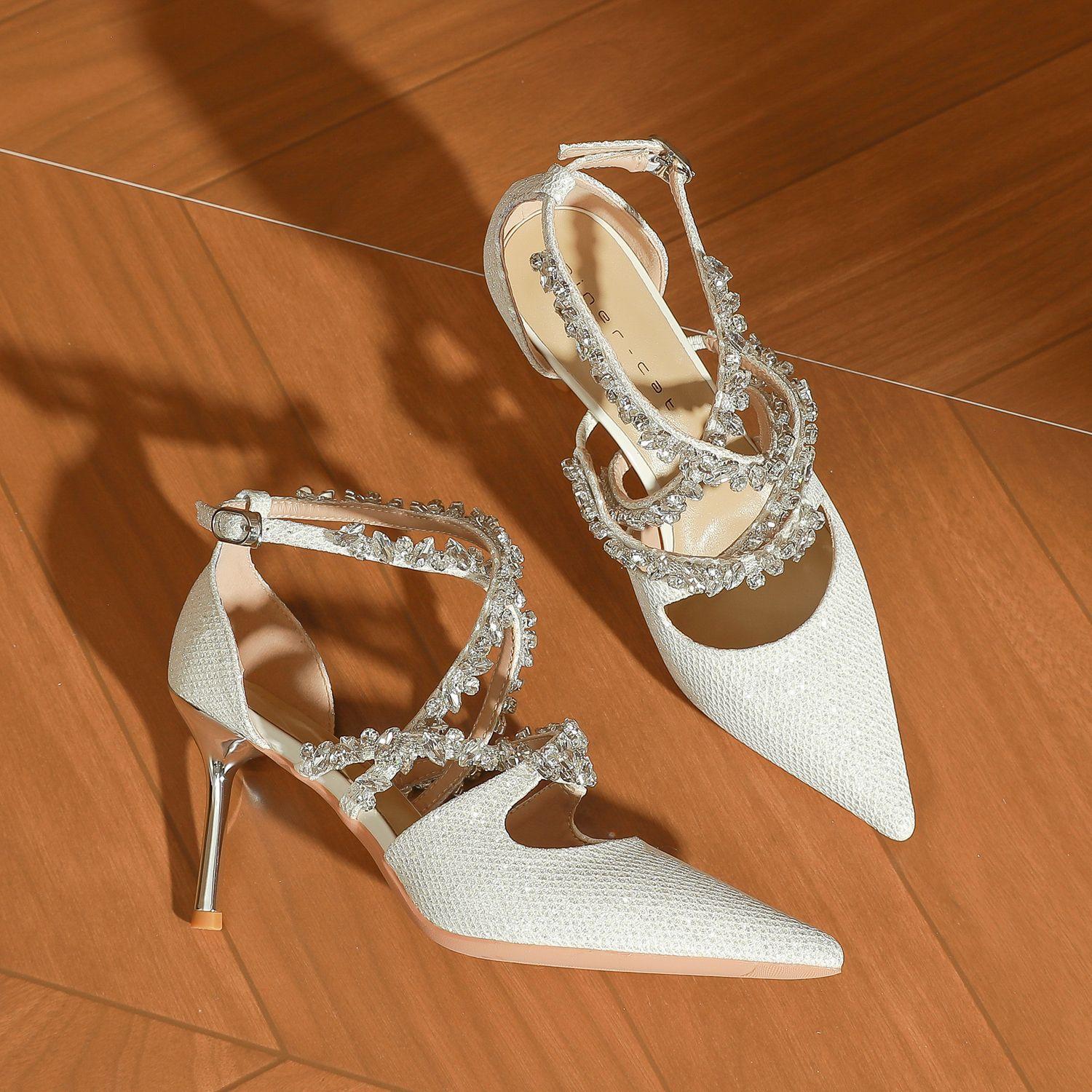 

82335 [Снято с производства] Женские туфли на высоком тонком каблуке 2025 новые французские туфли для свадьбы со стразами остроносые туфли-лодочки с вырезами 39