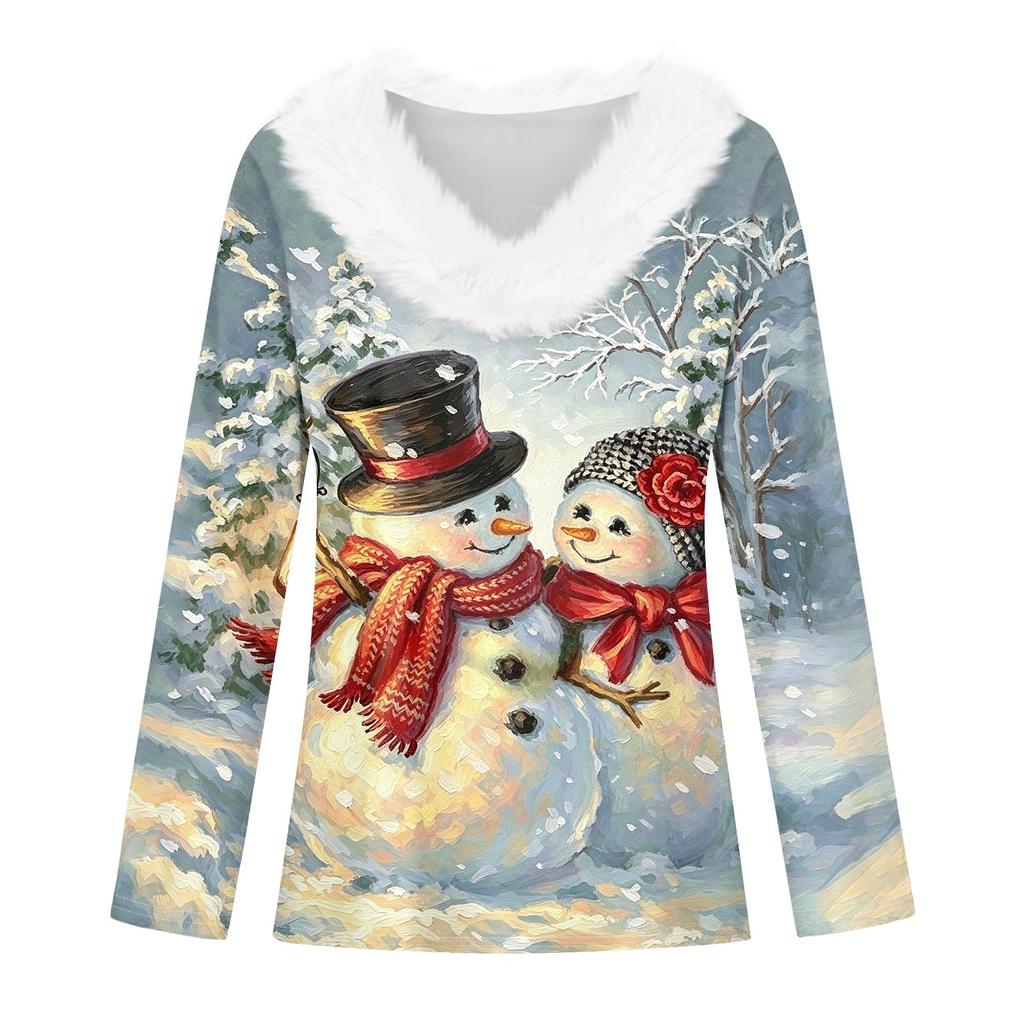 Women's Christmas Print Long Sleeve V-Neck Top with Plush Collar