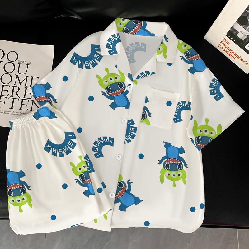 Stitch Cartoon Ice Silk Pajamas Women'S Summer Short-Sleeved Cute Loungewear Two-Piece Set