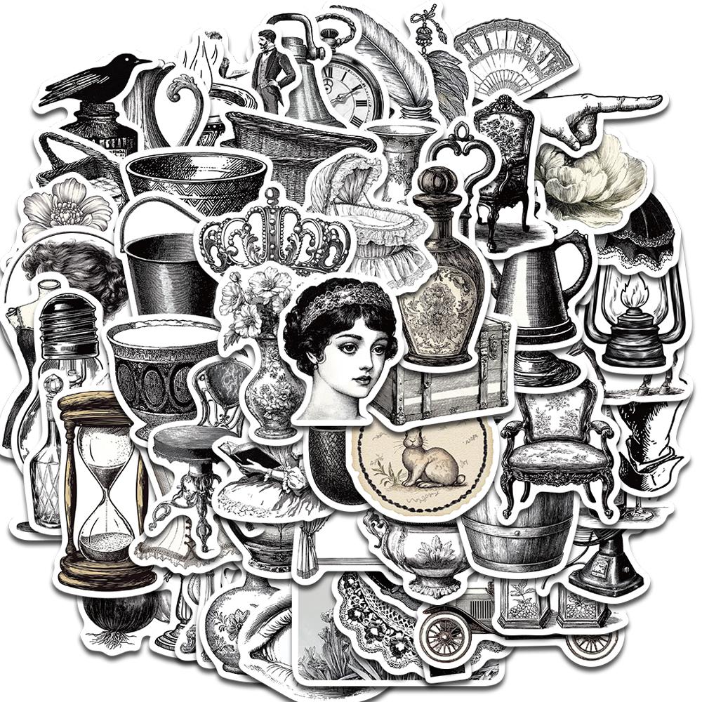 60pcs Black and white retro Aesthetic Stickers Scrapbooking Skateboard Fashion Phone Diary Stationery Phone Graffiti Dormitory