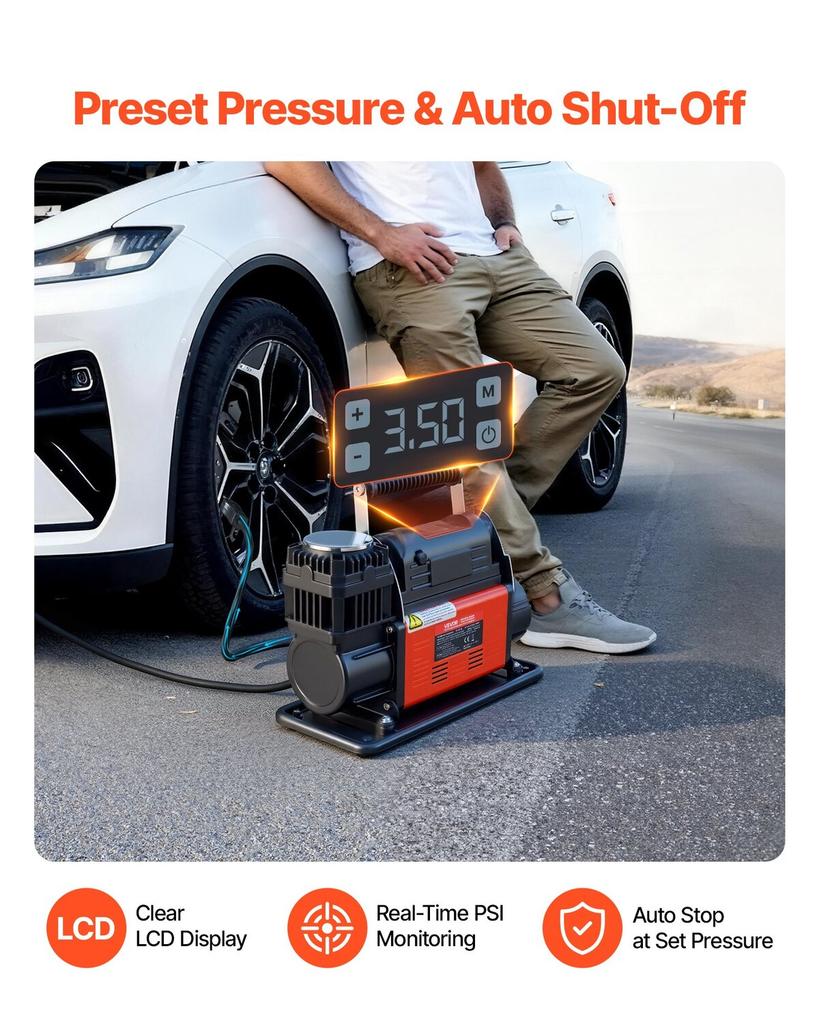 12V Heavy Duty Air Compressor, Auto-Stop Portable Tire Inflator with LCD Digital Display, 202 L/Min 150PSI Offroad Air Pump with Adapters for Trucks