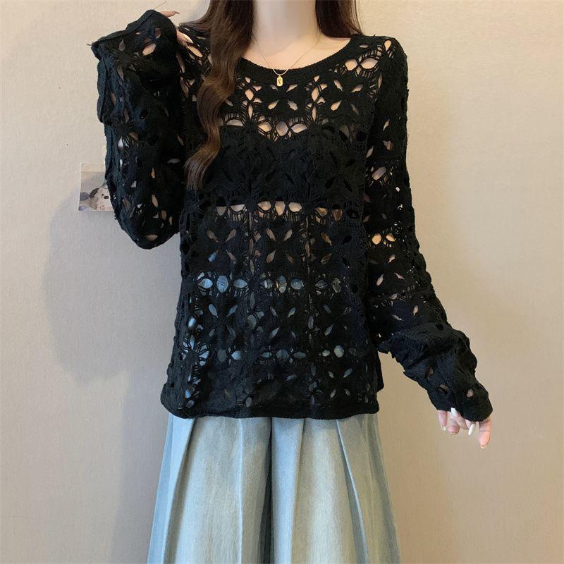 Plus Size Round Neck Hollow-out Hook Flower Gentle and Comfortable Long Sleeves Knitwear Blouse Air Conditioning Sun Protection Clothing for Women