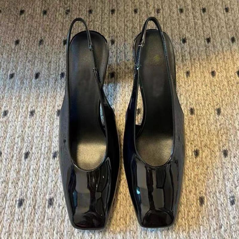 New Fashion Patent Leather Back Trip Strap Block Heel Shallow Mouth Square Toe Wrapped Toe Sandals High Heels for Women
