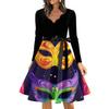 Abito lungo vintage da donna a maniche lunghe con scollo a V, stampato, casual e alla moda