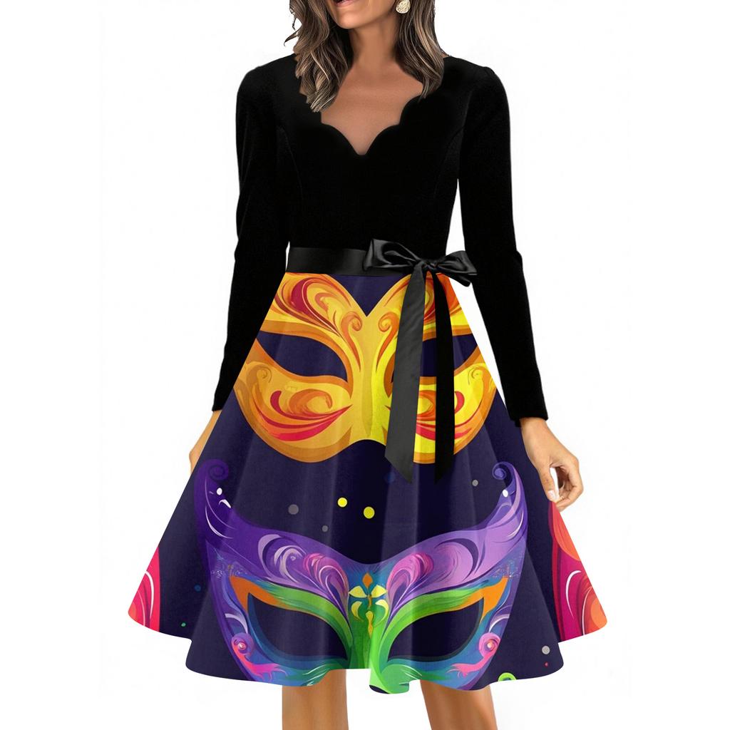 Abito lungo vintage da donna a maniche lunghe con scollo a V, stampato, casual e alla moda