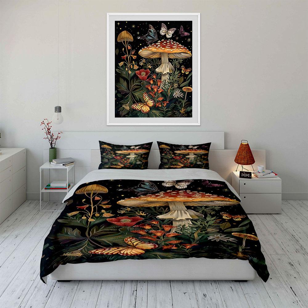 Vibrant Mushroom Grove with Fluttering Butterflies Print Bedding Set 1 Duvet Cover 2 Pillowcases for Adult and Children Gift