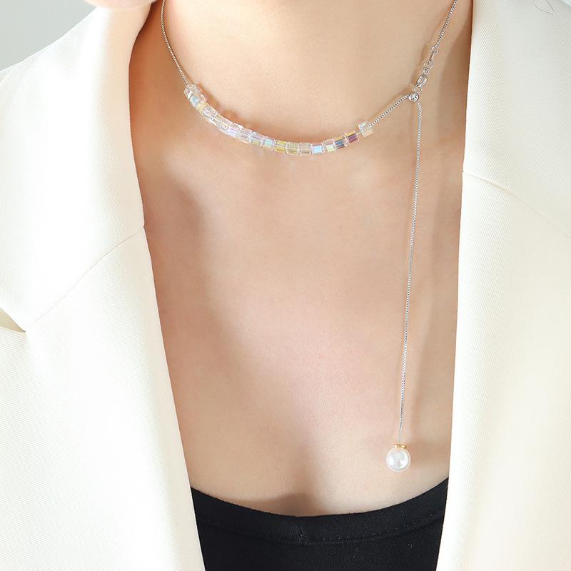 Women s French DIY Necklace: Versatile Copper with Imitation Pearl and Crystal Stone Pendant