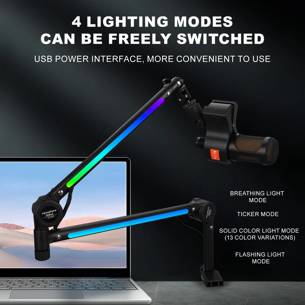 Desktop Arm Holder for Microphone Stand Computer Mic Stand with RGB Lighting Cantilever Bracket for Live Singing Condenser Mic
