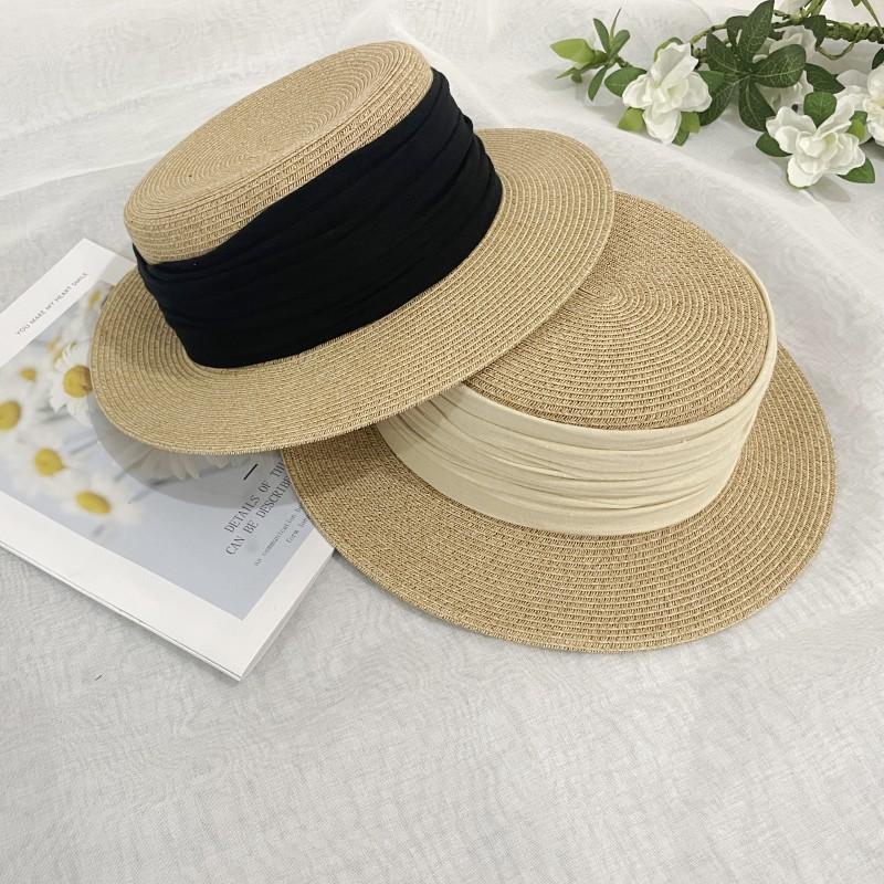 British retro straw hat women's summer casual sunshade sunscreen hat short brim pleated straw top hat flat top sun hat