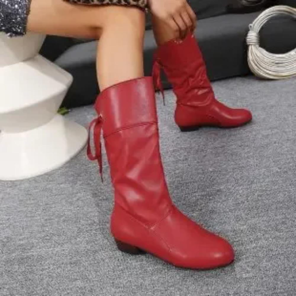 Shoes For Women  Spring Knee High Boots Red Black White Tall Boots Woman Pleated Low Heel Casual Leather Female Long Shoes