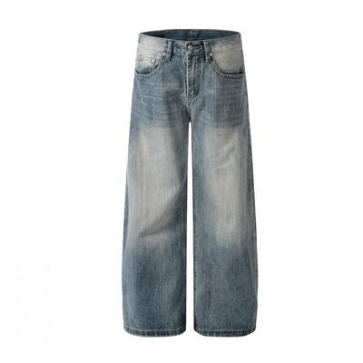Mens Baggy Straight Cut Vintage Washed Denim Jeans Loose Wide Leg Cropped Tapered Fit Streetwear