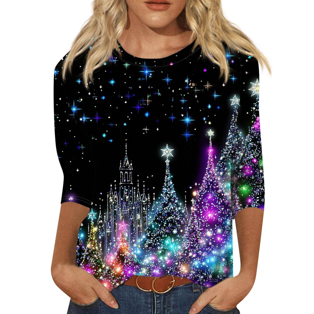 Women's Fashion Casual Round Neck 3/4 Sleeve Loose  Printed T-Shirt Ladies Top