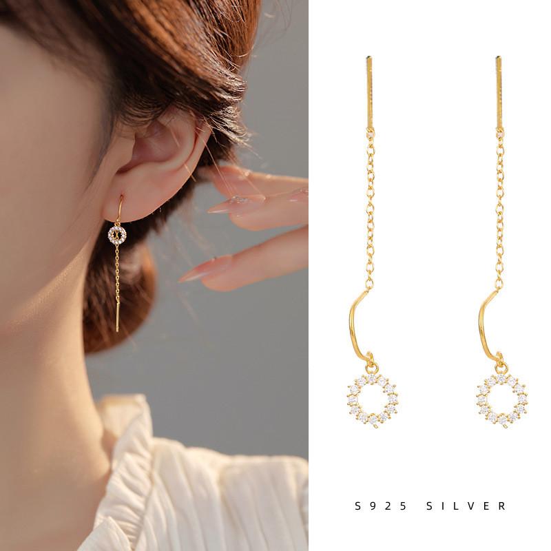 925 Sterling Silver Korejské Geometrické Zirkonové Visací Náušnice s Kruhovými Třásněmi pro Ženy Temperamentní Šperky