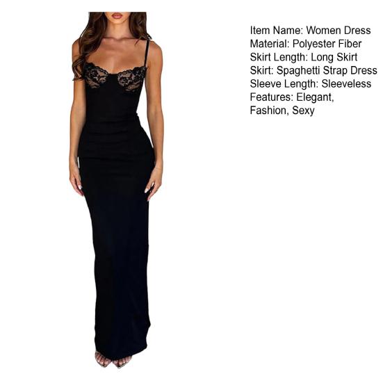 Women's Cami Lace Bodycon Maxi Dress Spaghetti Strap Sleeveless Split Long Dress