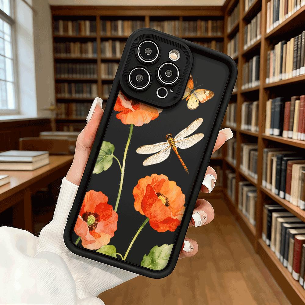 Orange Poppies Dragonfly Shockproof Soft Phone Case For Xiaomi Redmi Note 15 14 13 12 11 10 9 8 Pro Anti-Slip Anti-Fall Cover