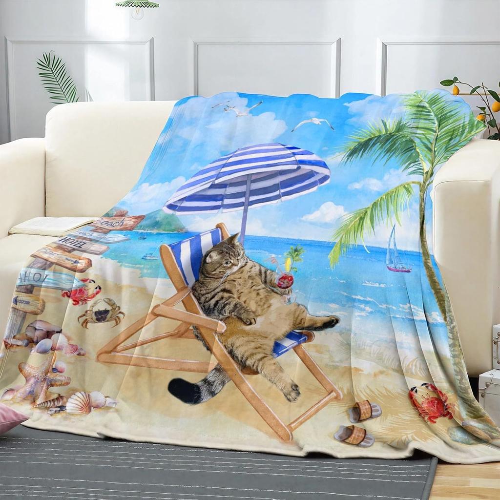 Cat on Beach Vacation Throw Blanket Tropical Paradise Design with Palm Tree and Umbrella for Living Room Decor Gift for Her