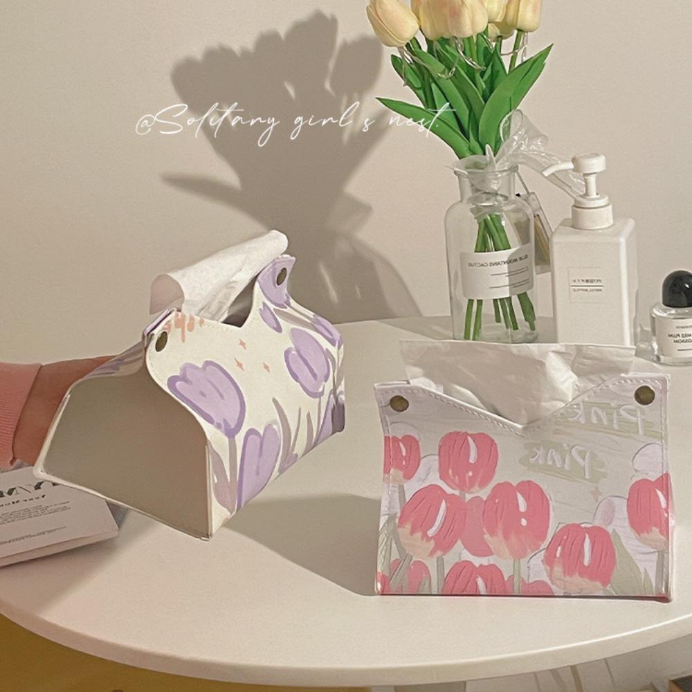 Tulip Print Tissue Box PU Living Room Paper Drawer New Storage Box