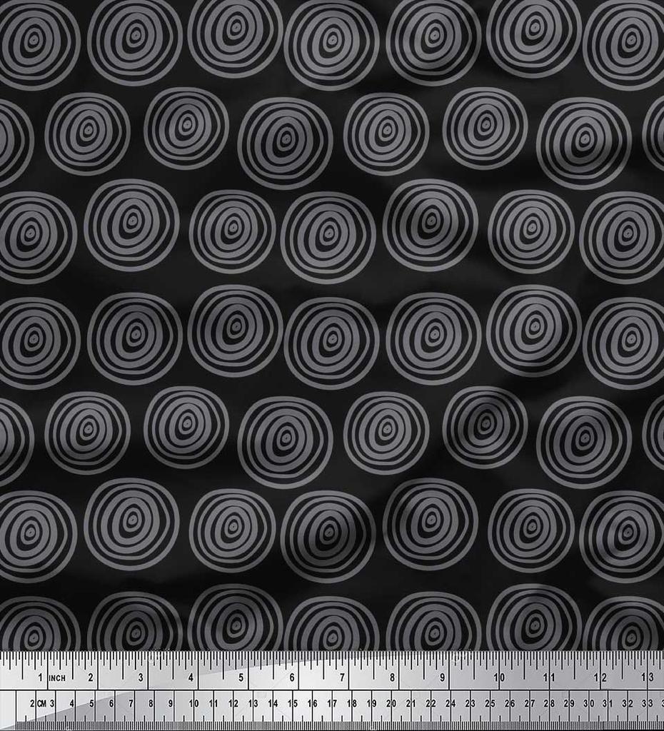 Soimoi Black Japan Crepe Satin Fabric Spiral & Stripe Geometric Fabric Prints By Metre 42 Inch