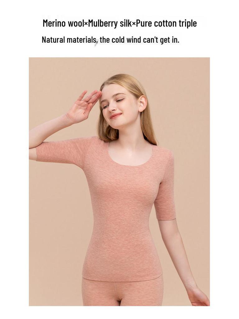 Women's Wool Silk Mid-Sleeve Fleece-Lined Top - Warm Autumn Base Layer