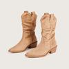 Autumn Winter Faux Suede Pleated Women Mid-calf Boots Comfortable Thick High Heels Retro Western Knight Short Booties