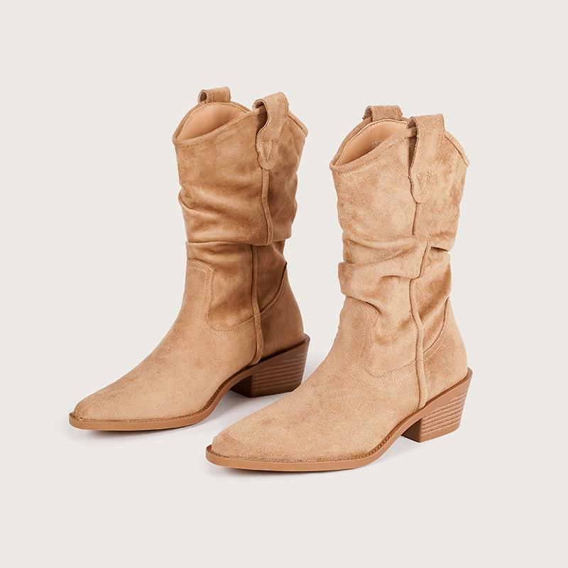 Autumn Winter Faux Suede Pleated Women Mid-calf Boots Comfortable Thick High Heels Retro Western Knight Short Booties