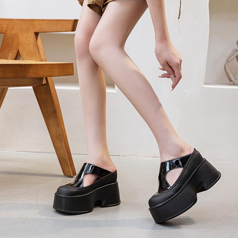 Fashion High Brand 11CM Women Genuine Leather Luxury Summer Fashion Pumps Chunky Heels Hook ROME Platform Wedge Shoes Mary Jane Slippers