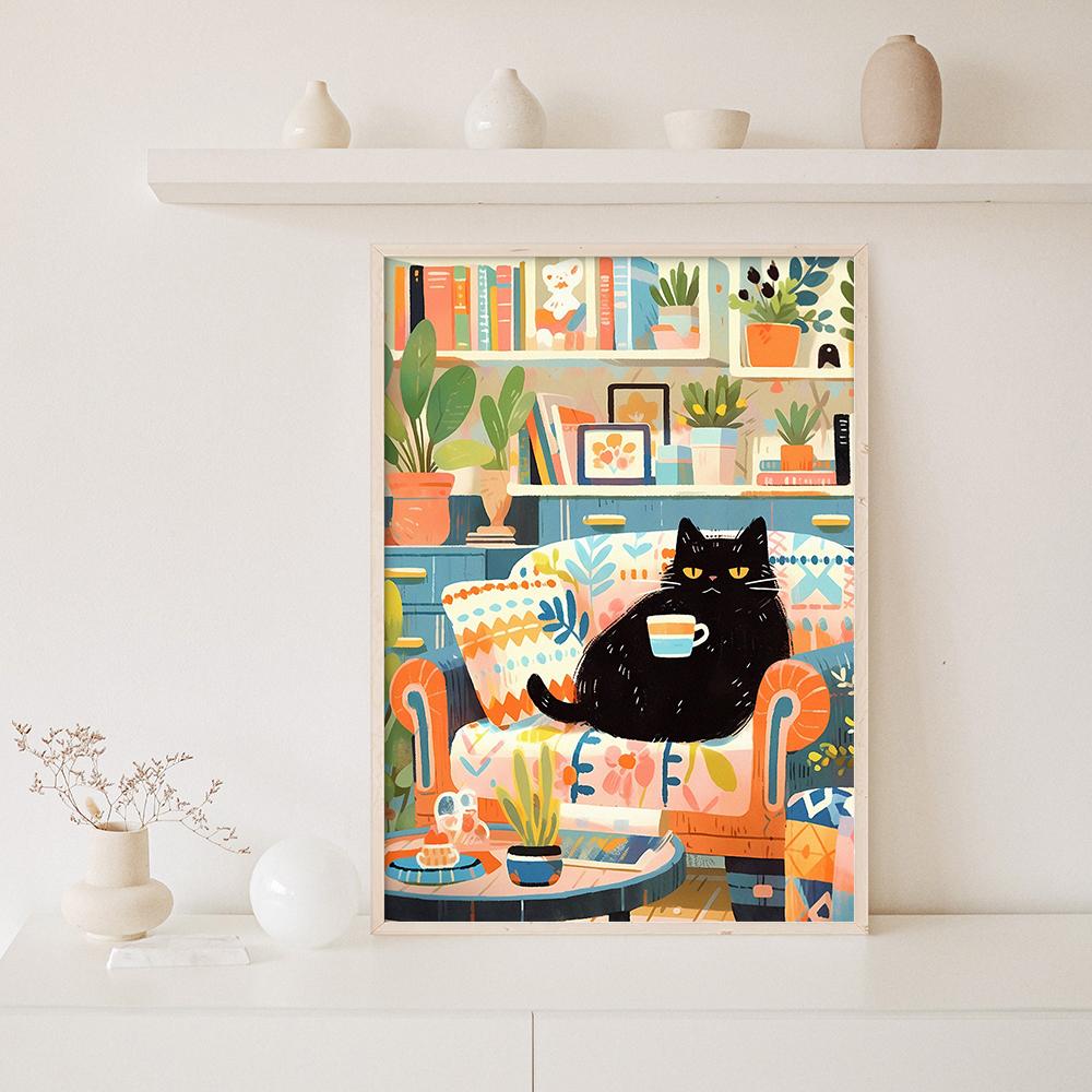 Cute Cat Print Wall Art of Coffee Lovely Black Cat Painting Cat Mom Gift for Cat Parents Birthday Wall Decoration Pictures