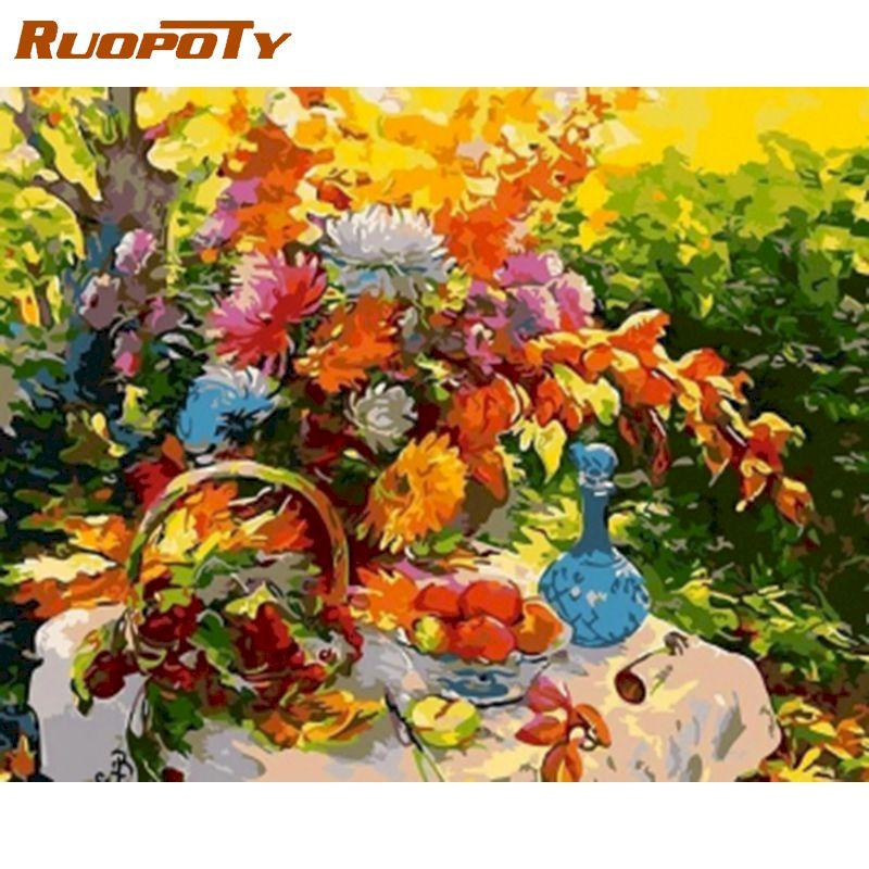 

RUOPOTY DIY Рамка Фрукты и цветы Картина маслом DIY Картины по номерам Краски Натюрморт Ручная роспись маслом Главная Настенная картина для гостиной