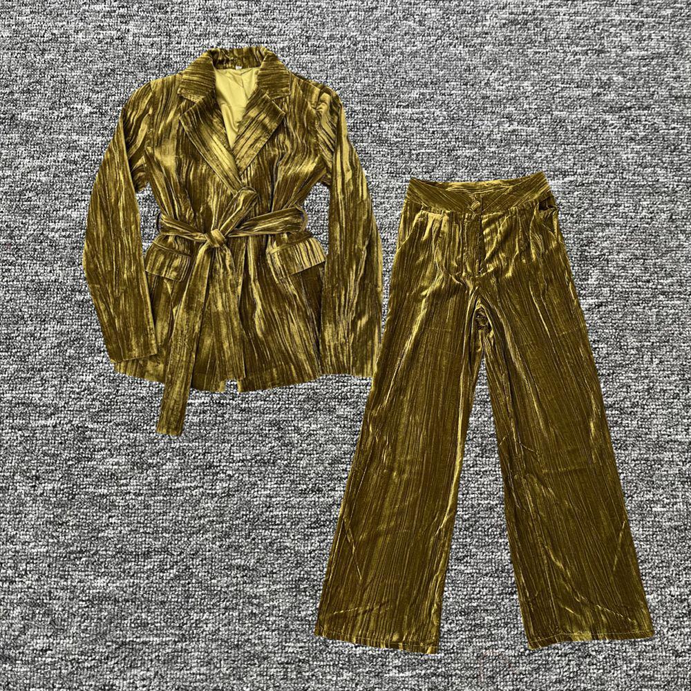 

2024 Women s Autumn/Winter Velvet Slim Fit Suit Set with Tie Decoration and High Waist Pants Large