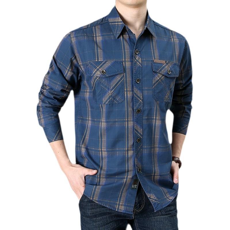 Spring Middle-aged and Young Men's Long-sleeved Shirt with Men's Cotton Loose Large Size Daddy's Plaid Multi-bag Military Casual Shirt