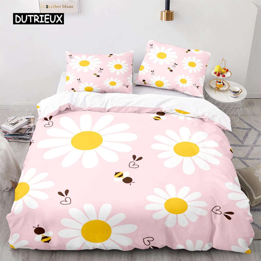 Süße Cartoon-Biene Bettbezug King Queen Honig Bettwäsche Set Kinder Jungen Mädchen Frühling Gelb Polyester Bettdeckenbezug