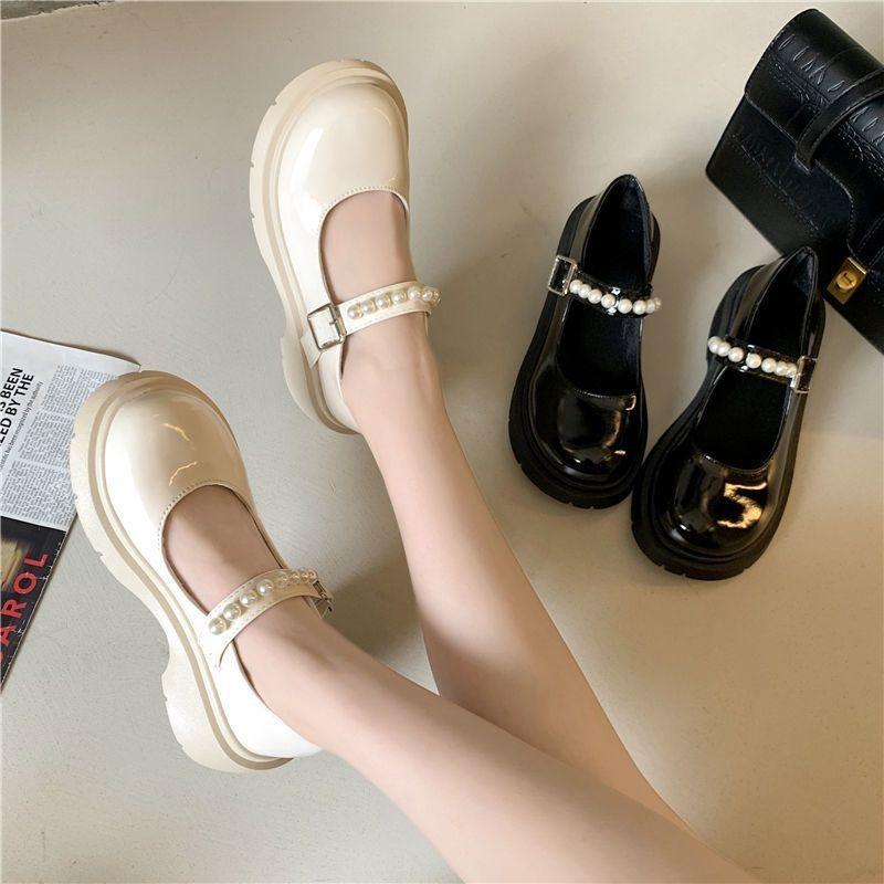 Retro Small Leather Shoes Women's Spring New Pearl Fairy One-word with Platform Mary Jane Single Shoes