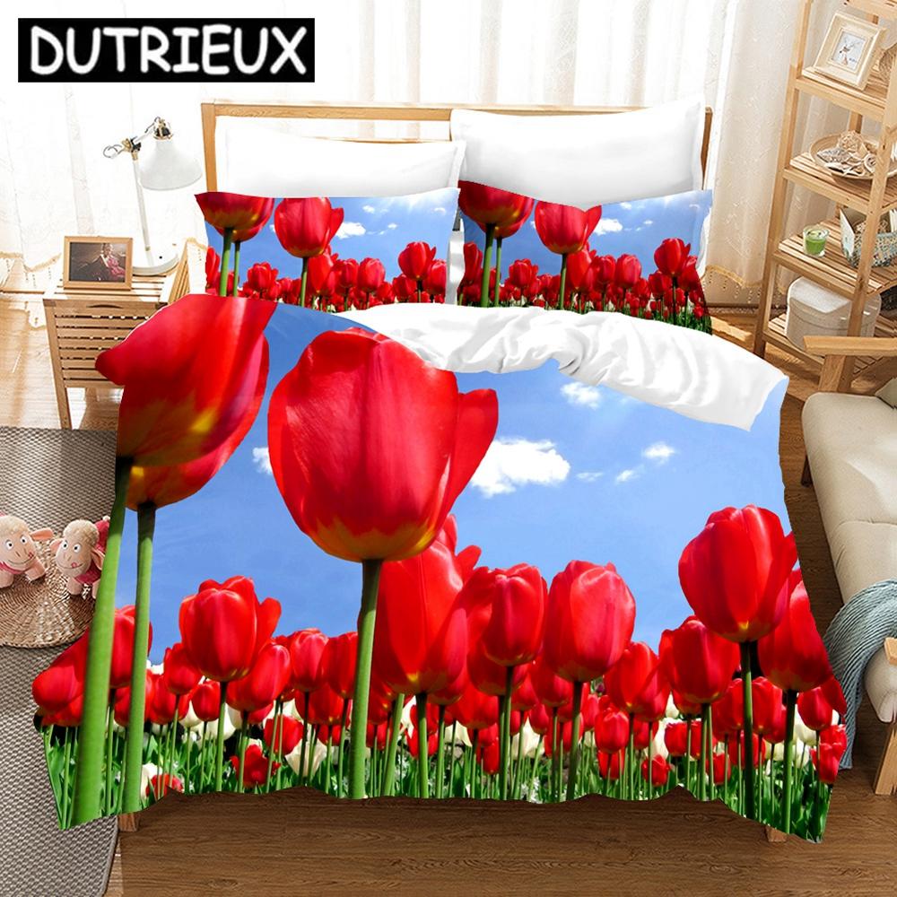Pink Tulip Bedding Set Elegant Flower Scenery 3d Duvet Cover Pillowcases Bed Linen Twin Queen King Single Size Duvet Cover Set