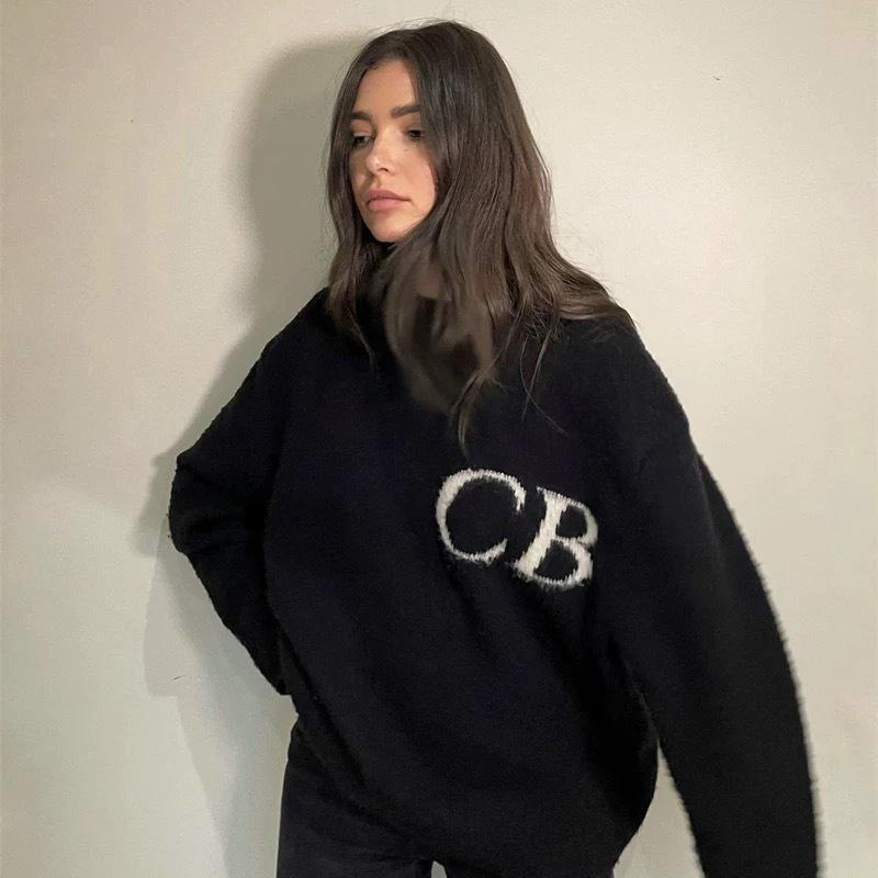 Cole Buxton Unisex Minimalistischer CB-Buchstaben Jacquard-Strick-Hoodie - Herbst/Winter Lockerer Freizeit-Pullover