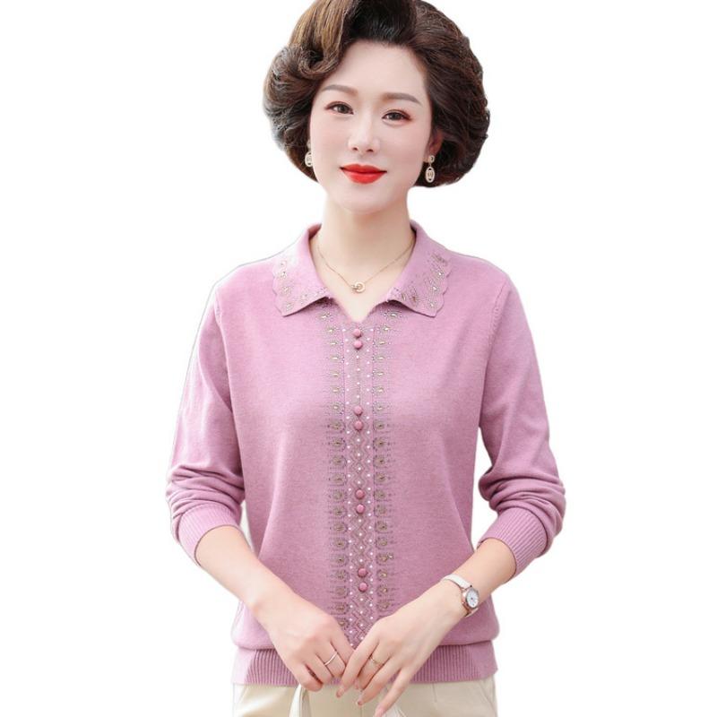 Mom Spring New Long-sleeved T-shirt Casual Age 0 Women's Clothes Medium Women's Spring Lapel Top