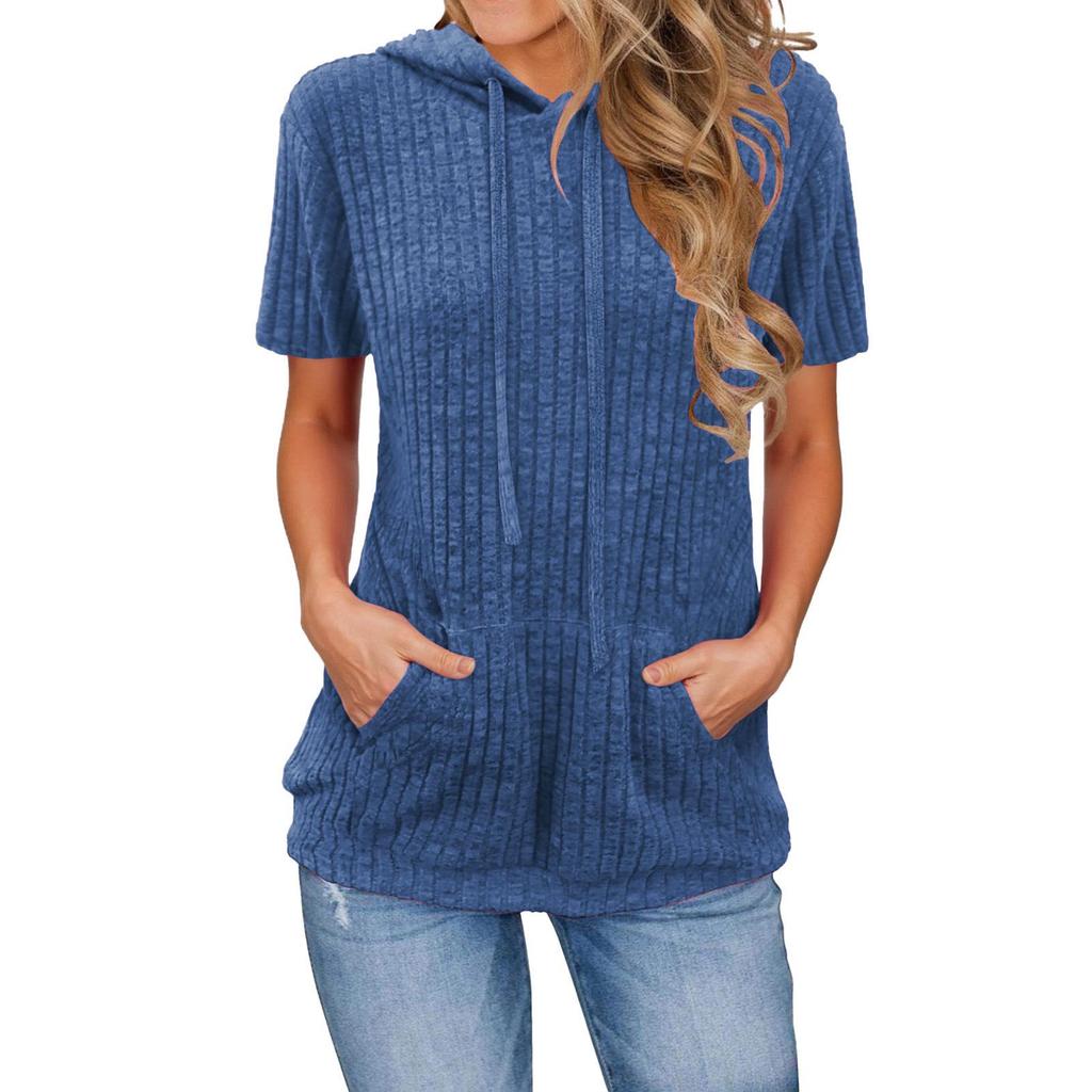 2025 European Women's Ribbed Pocket Hooded Vacation Short-Sleeve T-Shirt