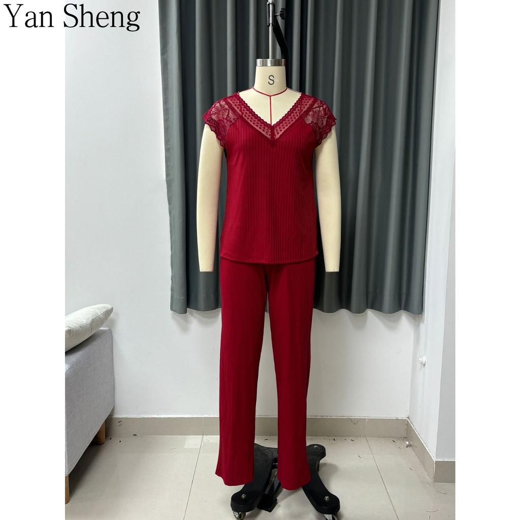 Women Milk Silk Pajama Set Lace Short Sleeve Pants Summer Outwear Home Loungewear Two Piece Set