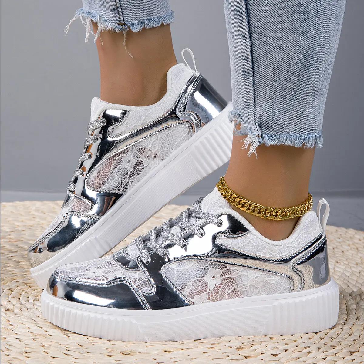 Кроссовки Женская обувь Женская спортивная обувь Кружевные белые туфли женская обувь обувь для скейтбординга 42 серебряный