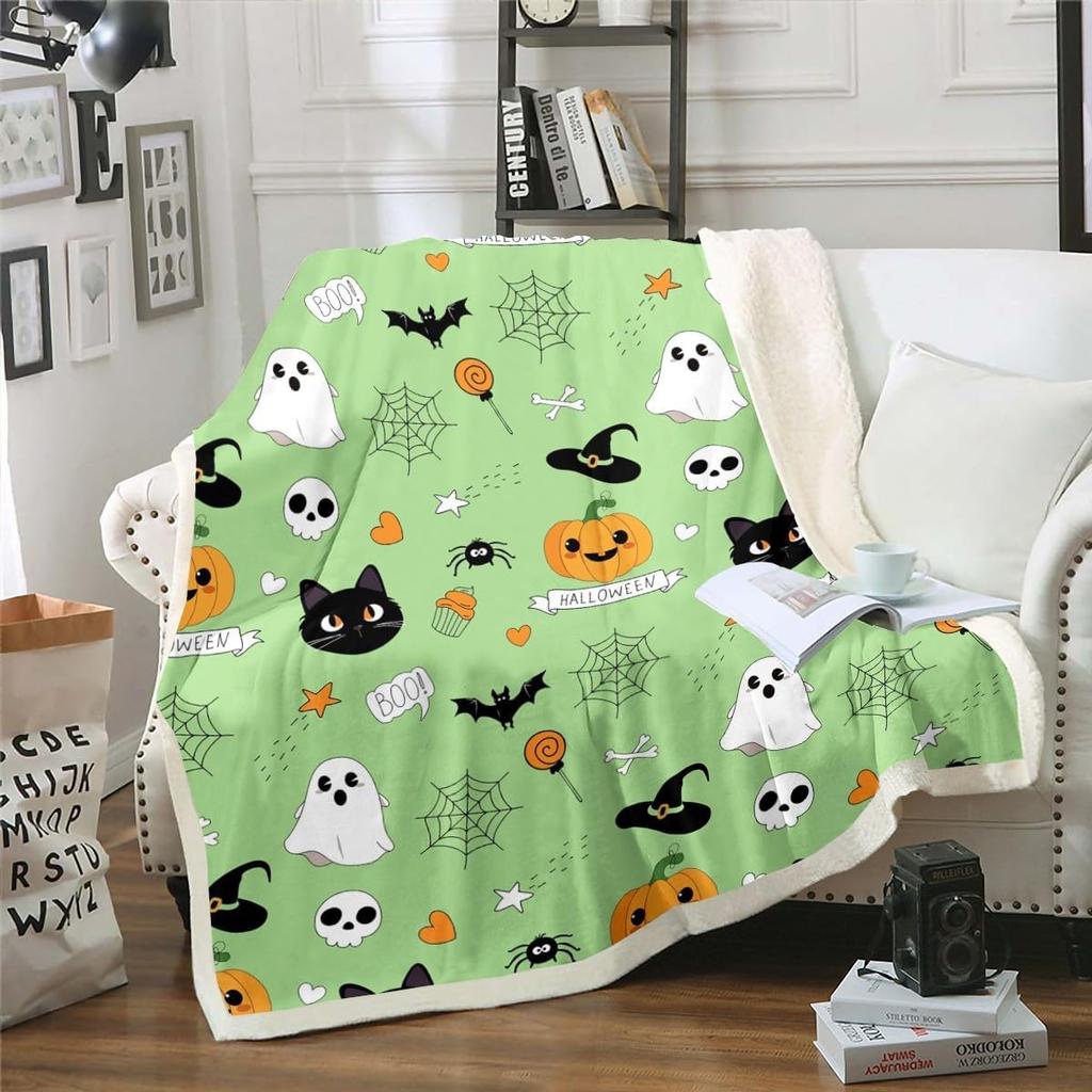 Halloween Ghost Blanket Soft Fleece Throw Pumpkin Spider Web Design Home Decor Party Gift Kids Room