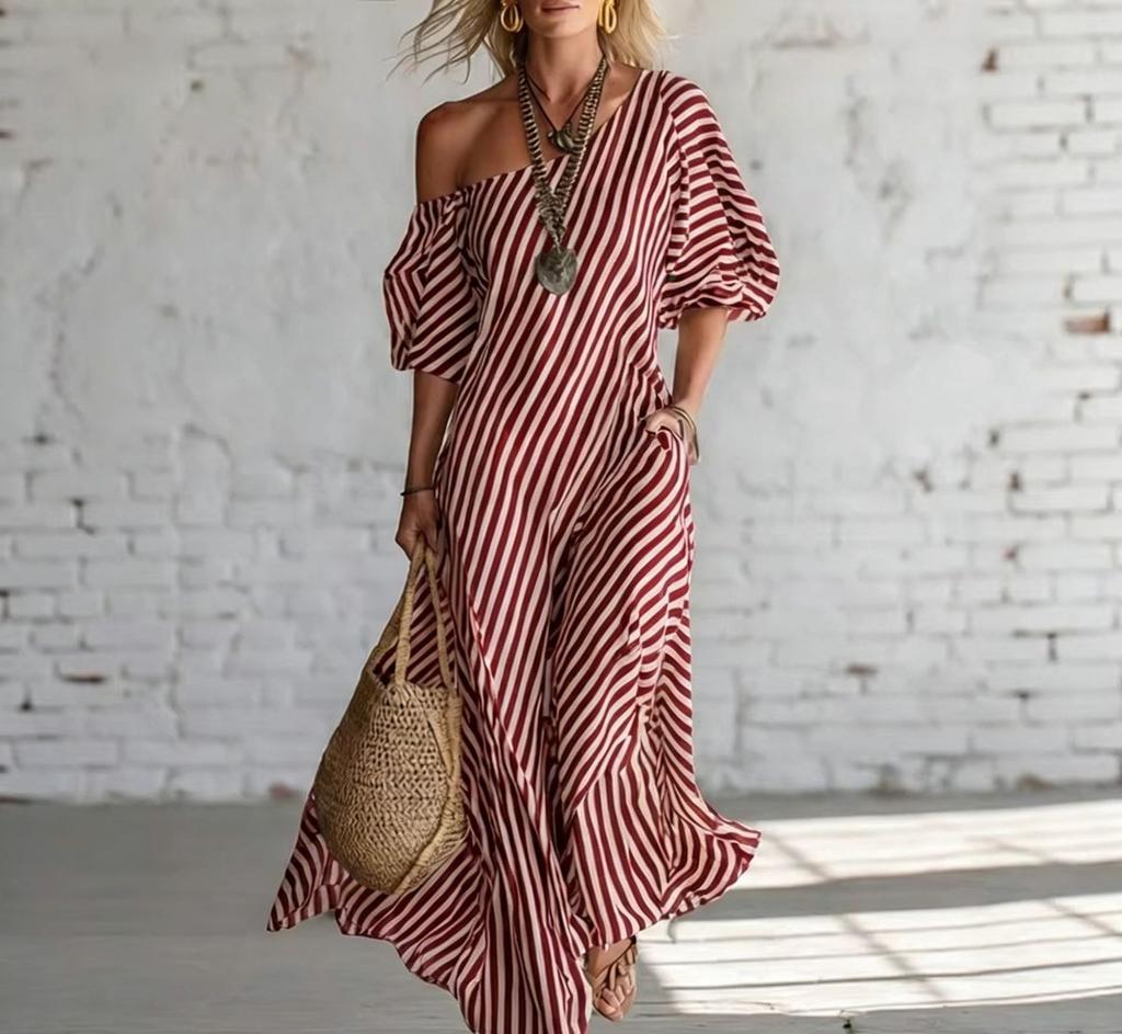 European and American summer new printing elegant classic striped off-the-shoulder dress